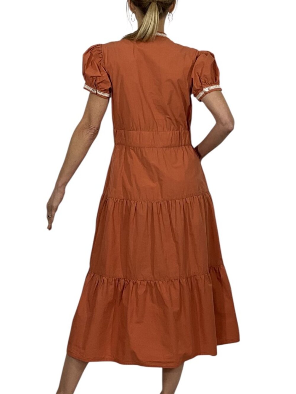 Bohme Siya Embroidered Dress S Orange Short Sleeve Midi Cottagecore - Picture 3 of 16